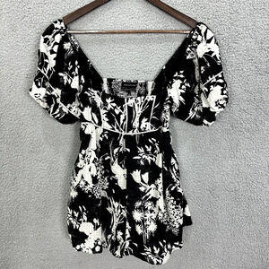 Urban Outfitters Mini Dress Women Small Black Floral Square Neck Smocked Pockets